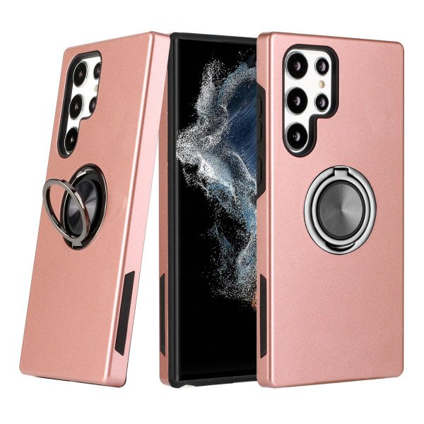 Wholesale Dual Layer Armor Hybrid Stand Ring Case for Samsung Galaxy S22 Ultra 5G (Rose Gold)